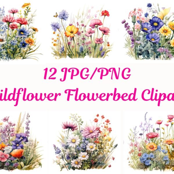 Wildflower Flowerbed Clipart, Watercolor Wildflower Clipart, Boho Floral Clipart, Digital Wildflower Graphics, Garden Clipart PNG, Wildflower Art for Planners, Wildflower Wedding Invitation Clipart